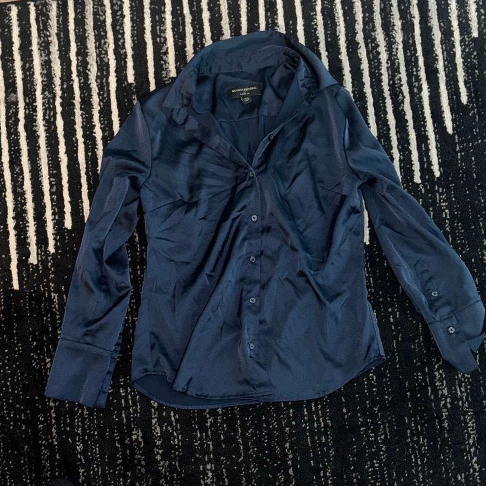 Banana Republic Deep Navy Satin Button-Down Blouse